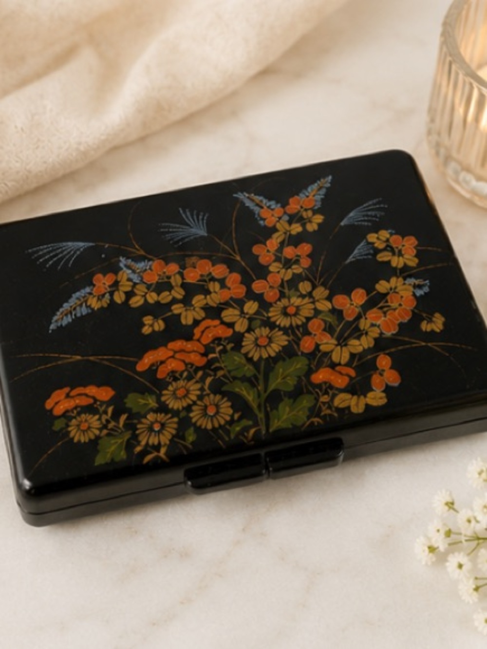 Vintage Hong Kong Black Lacquer Style Floral Jewelry Trinket Box Mirror